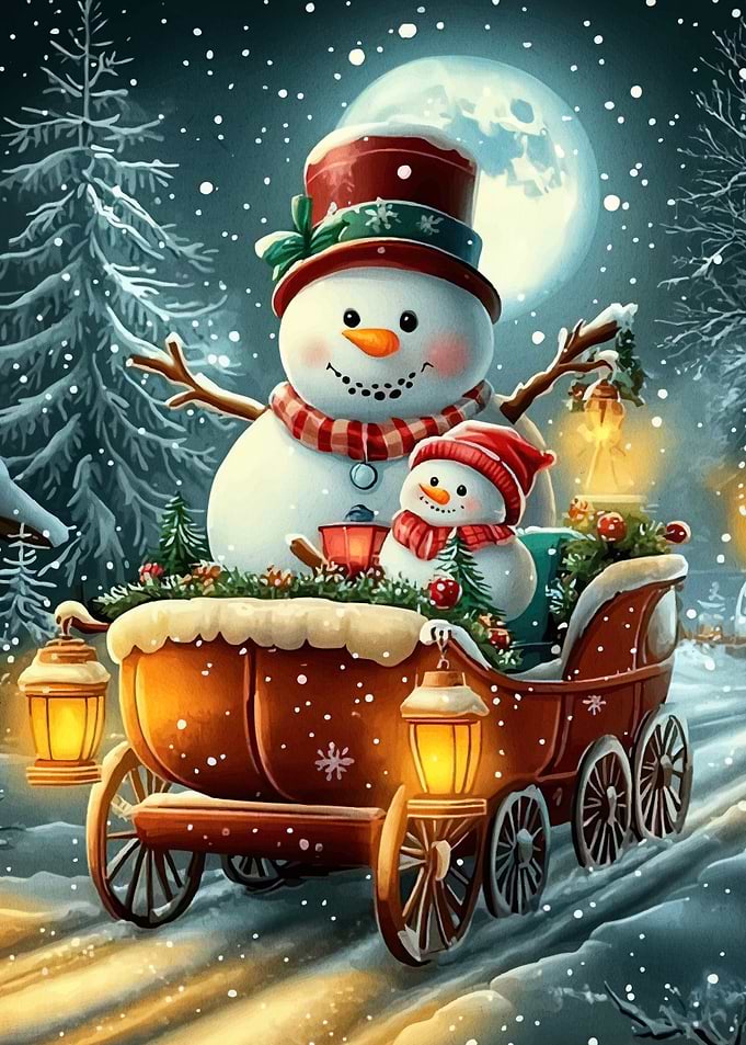 Snowman Sleigh Winter Scene