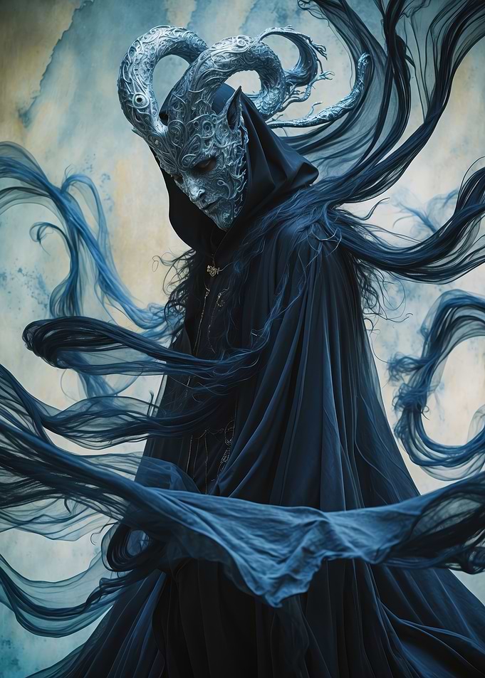 Ethereal Horned Masked Sorcerer in Flowing Blue Cloak