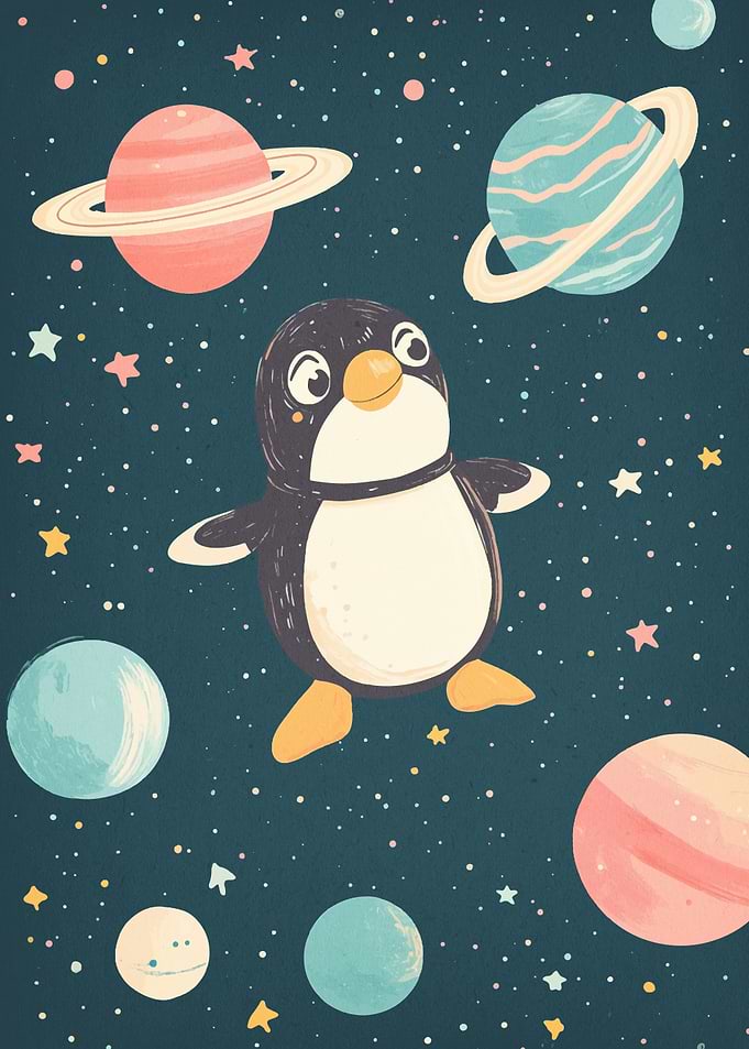 Penguin in Space with Planets
