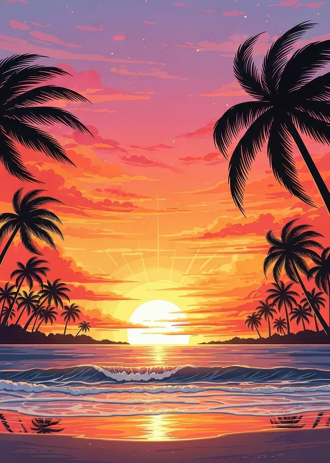 Tropical Beach Sunset with Palm Trees