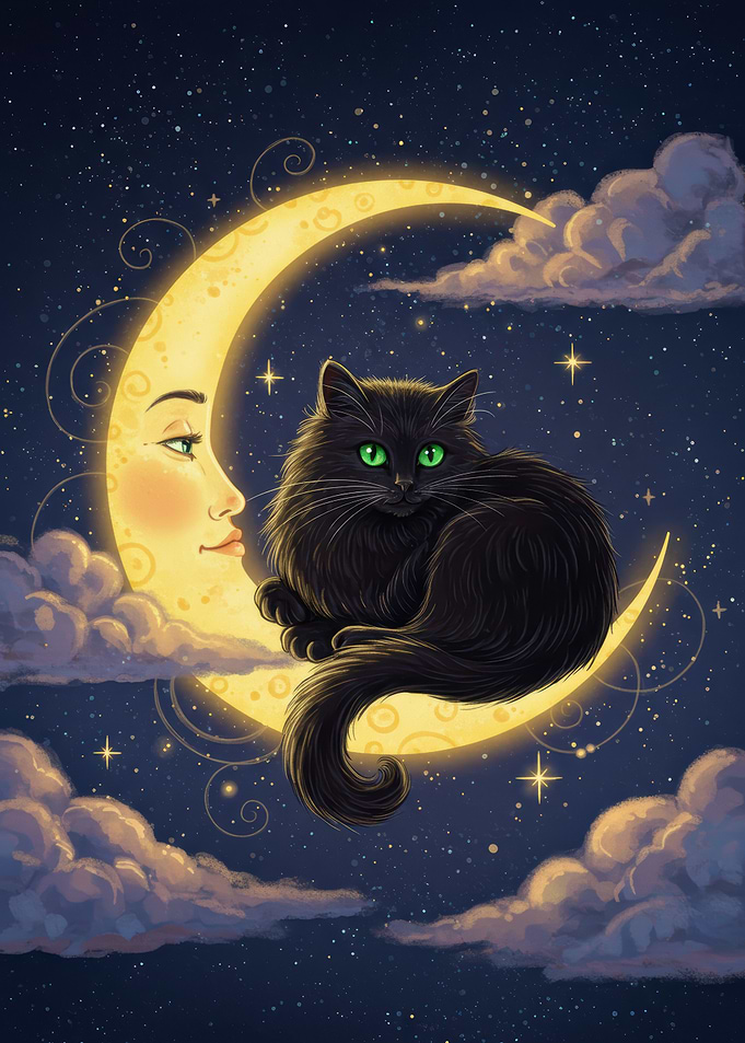 Black Cat on Crescent Moon