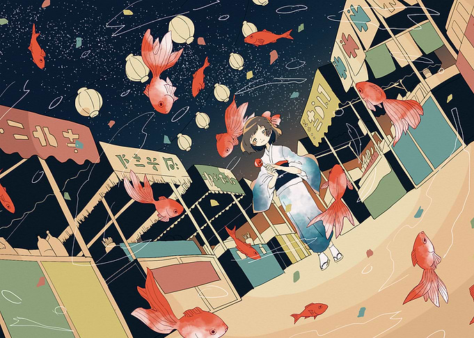 Anime Girl with Goldfish in Japanese Town