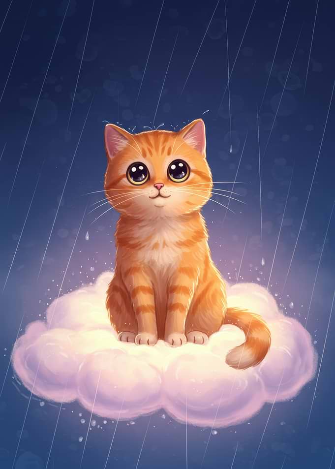 Cute Cat on Cloud in Rain