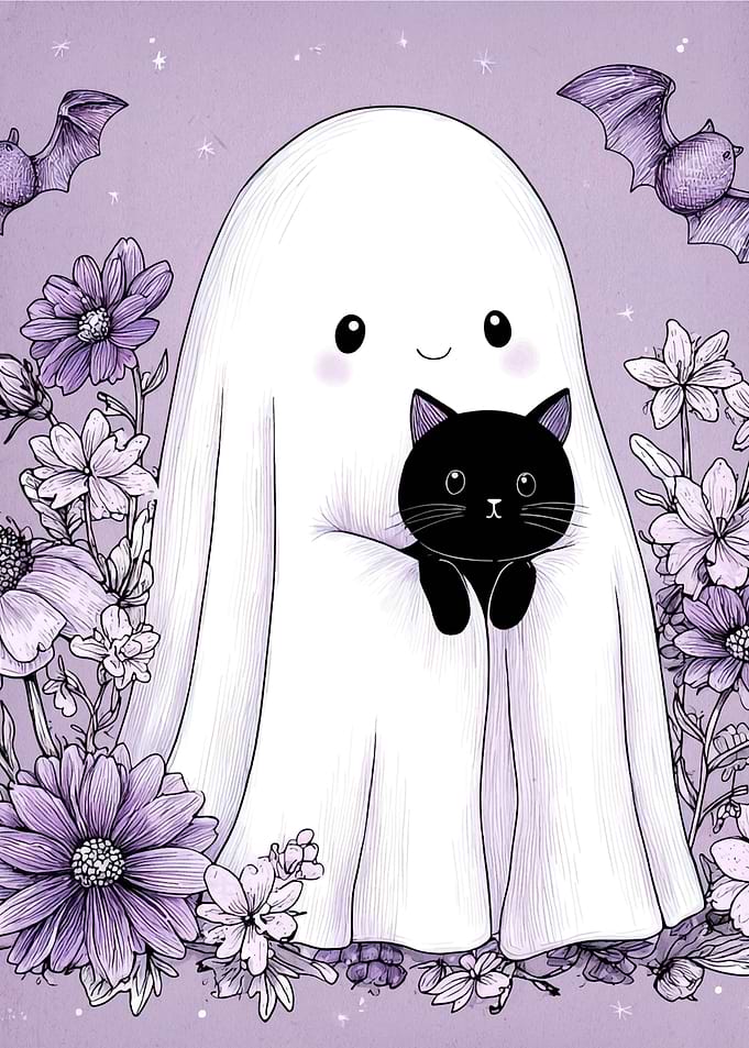 Cute Ghost with Black Cat and Flowers