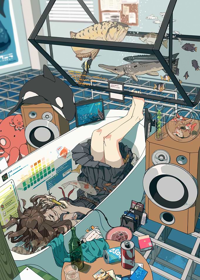 Girl in Bathtub with Fish Tanks