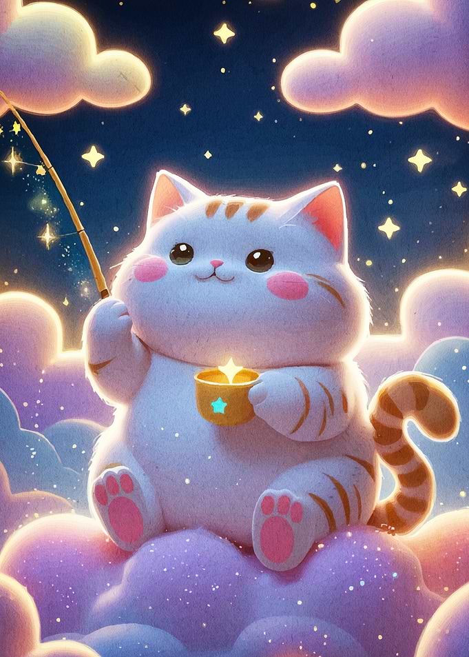 Cat Fishing Stars Clouds