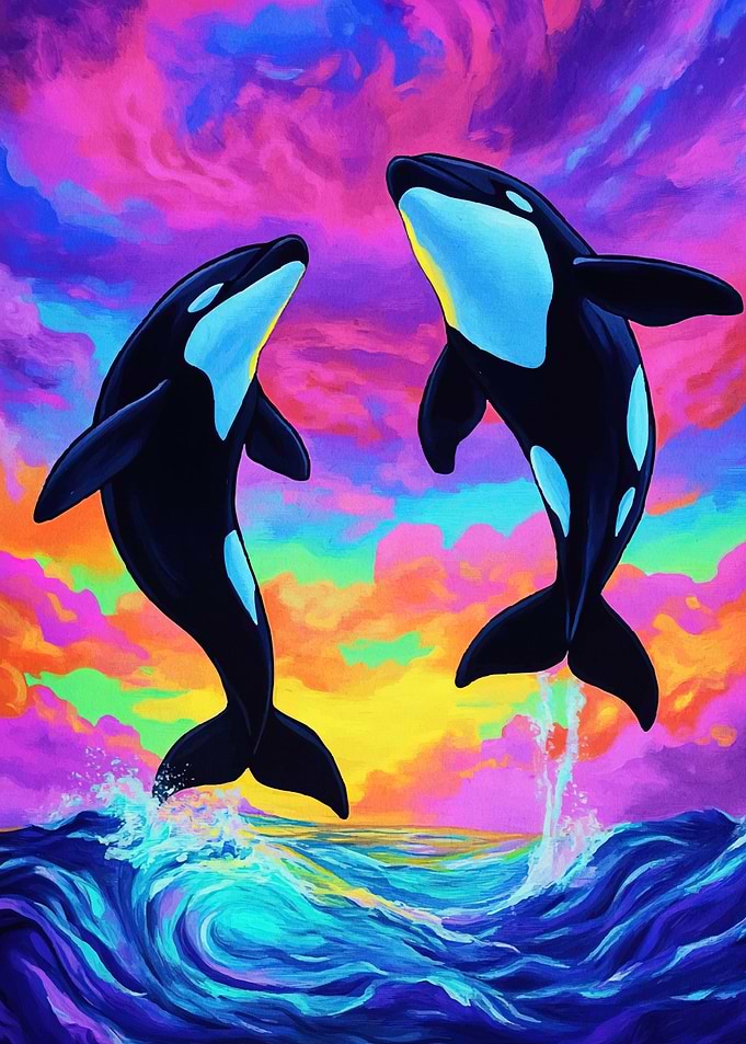Orcas leaping colorful ocean