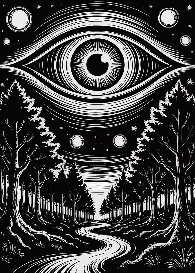 Monochrome Eye in Forest Landscape