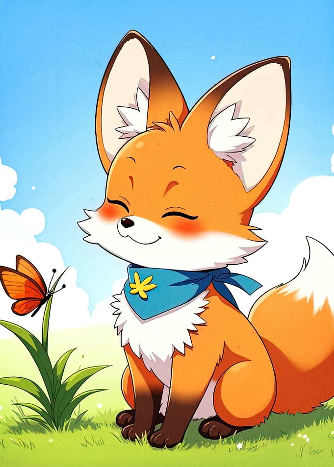 Cute Cartoon Fox with Butterfly