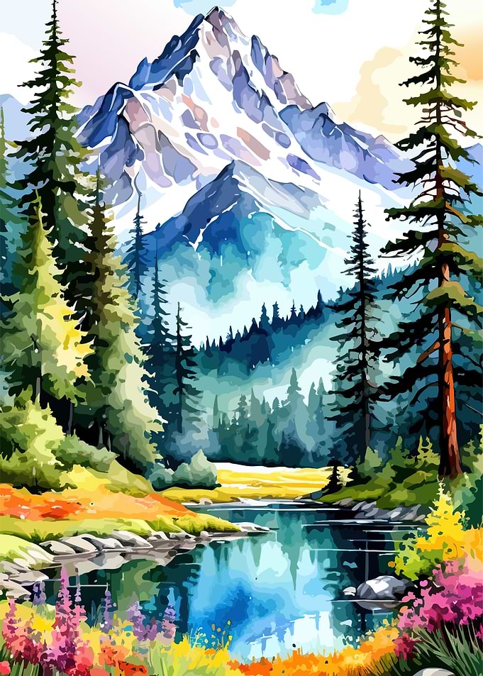 Watercolor Mountain Landscape with Lake