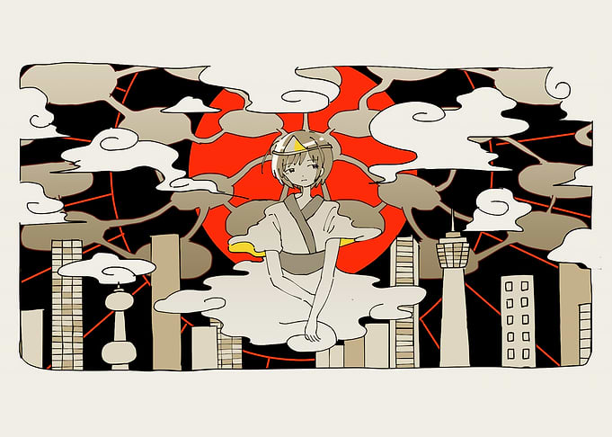 Anime Girl in Cityscape with Sun