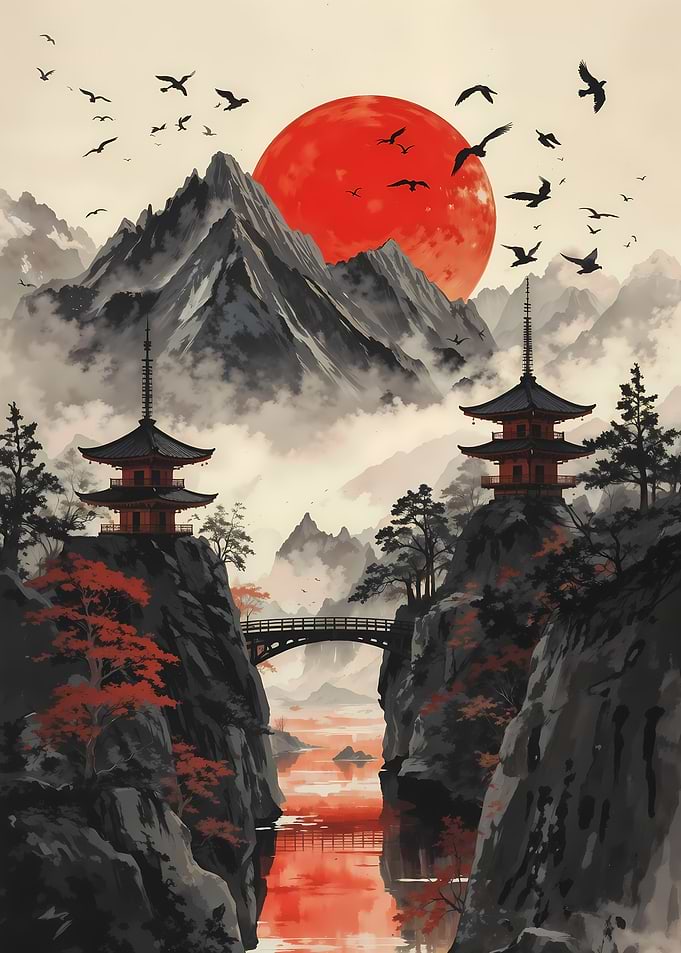 Japanese Landscape with Pagodas and Red Sun