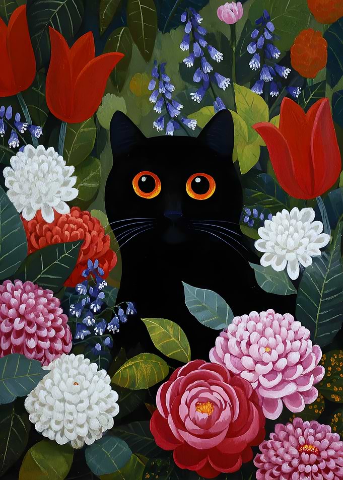Painting Black cat in a flower garden
