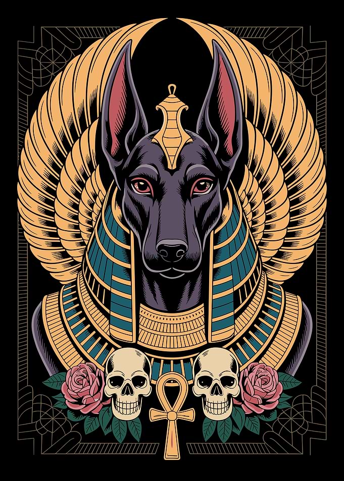Anubis Illustration with Skulls and Roses