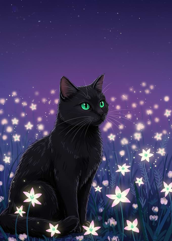Black Cat in a Starry Meadow