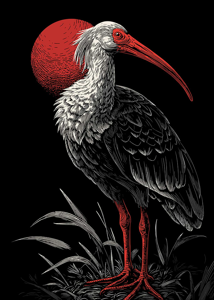 Crested Ibis with Red Sun