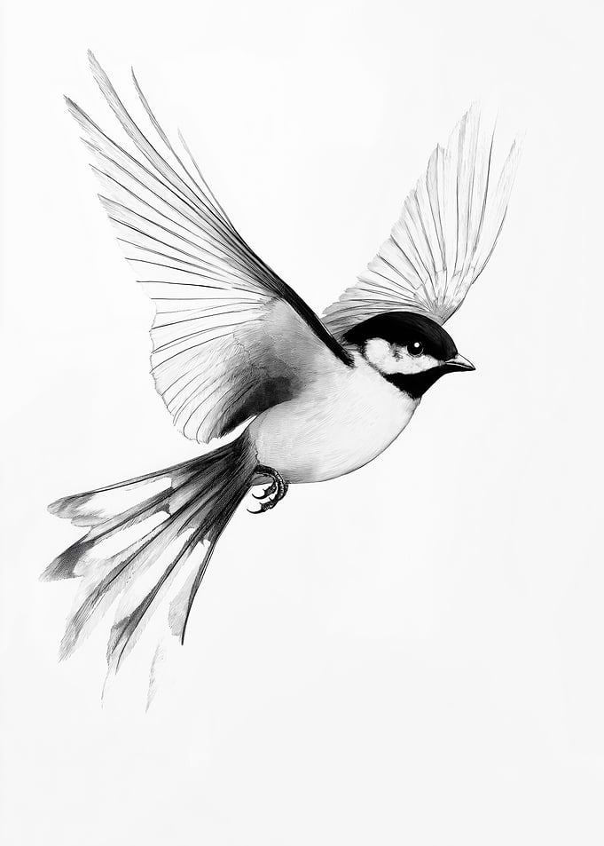 A minimalist bird in flight drawn in clean black and white