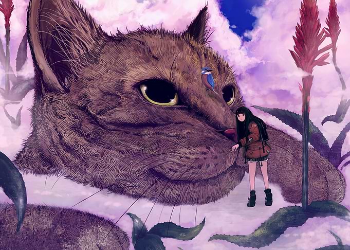 Giant Cat, Girl, and Bird Fantasy