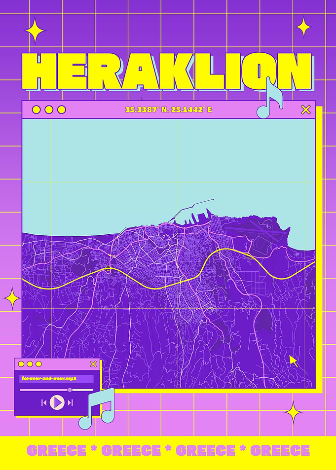 Heraklion Greece Map Retro Poster