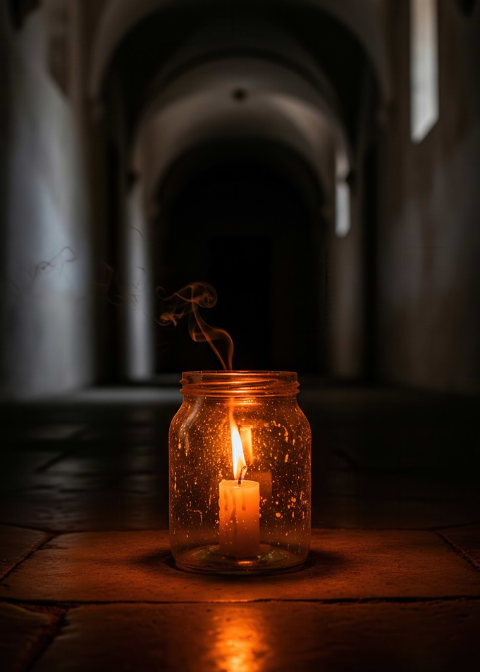 Flickering Candle in a Glass Jar Placed in the Middle of a Dark Hallway Creating a Halloween Atmosphere