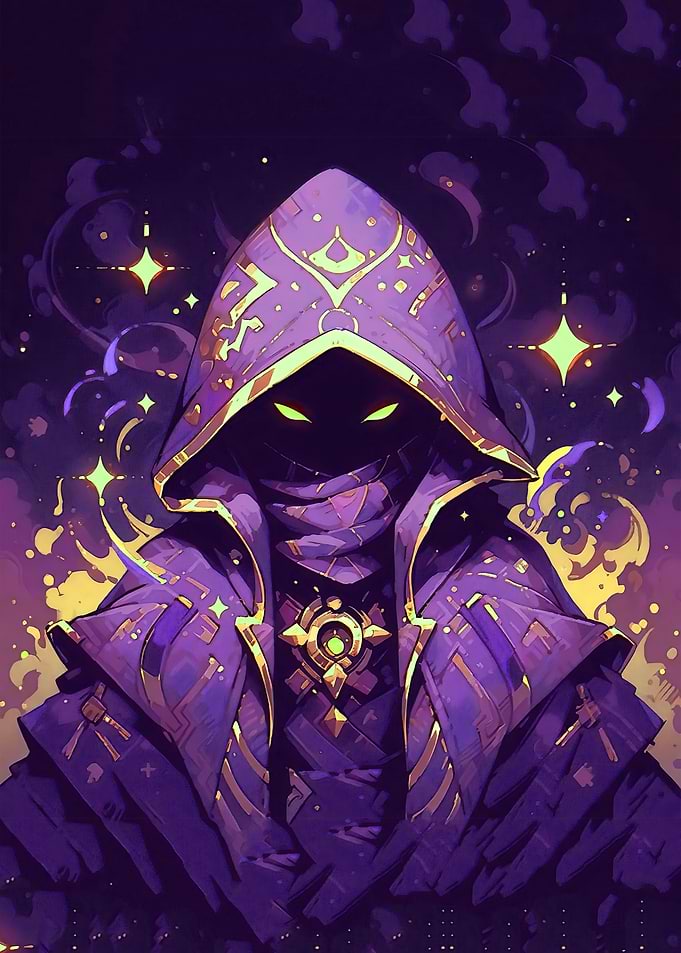 Mystic Hooded Figure with Glowing Eyes