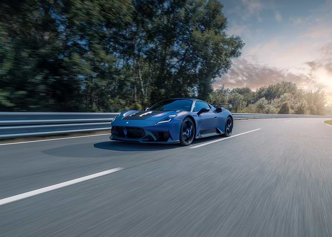 Blue Maserati MC20 Cielo on Track