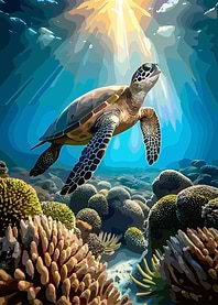 Sea Turtle Underwater with Coral Reef