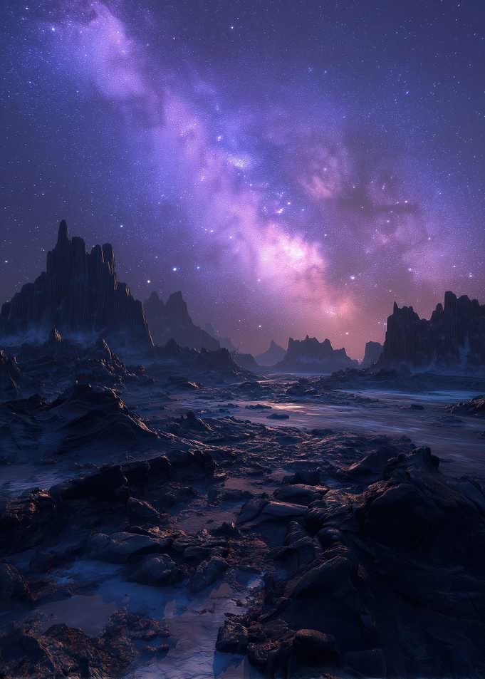 Purple Starry Sky Over Rocky Landscape