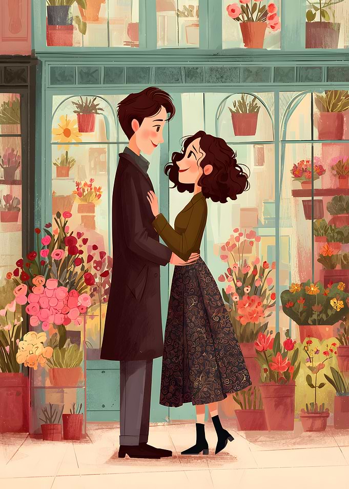 Romantic Couple in Front of Flower Shop