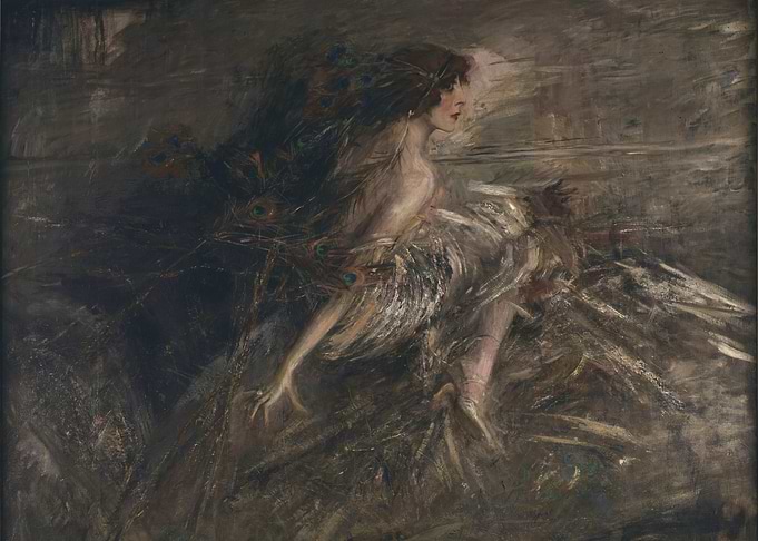 Woman with Peacock Feathers Painting