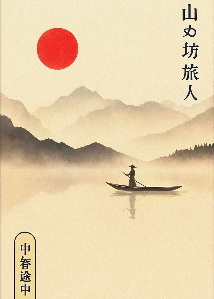 Japanese Landscape with Boat and Mountains