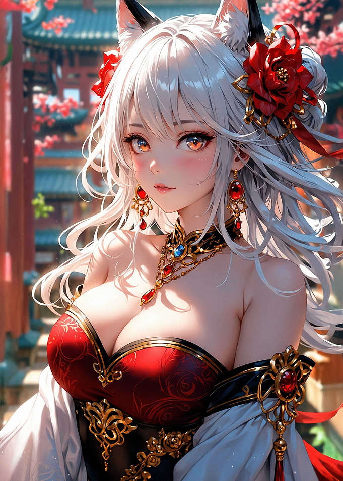 Anime Fox Girl with Red Accents