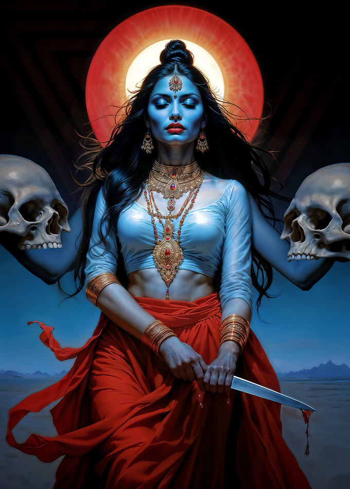 Dark Divine Goddess Kali with Skulls and Knife