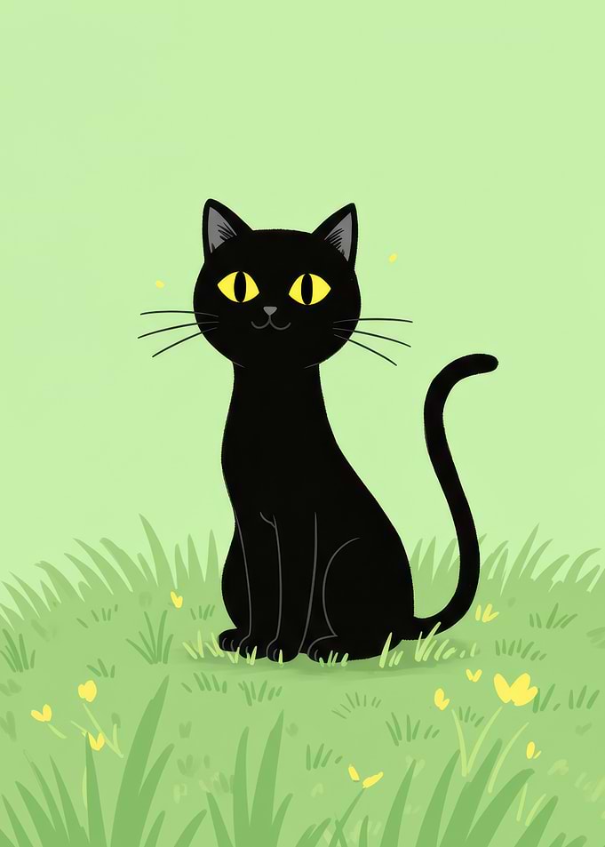 Cartoon Black Cat in Green Grass