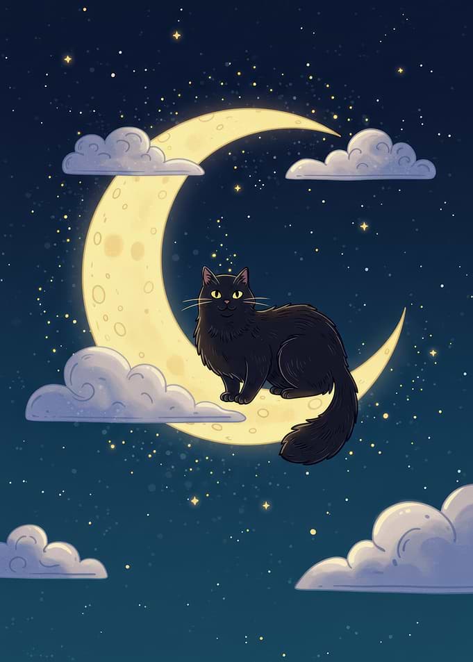 Black Cat on Crescent Moon