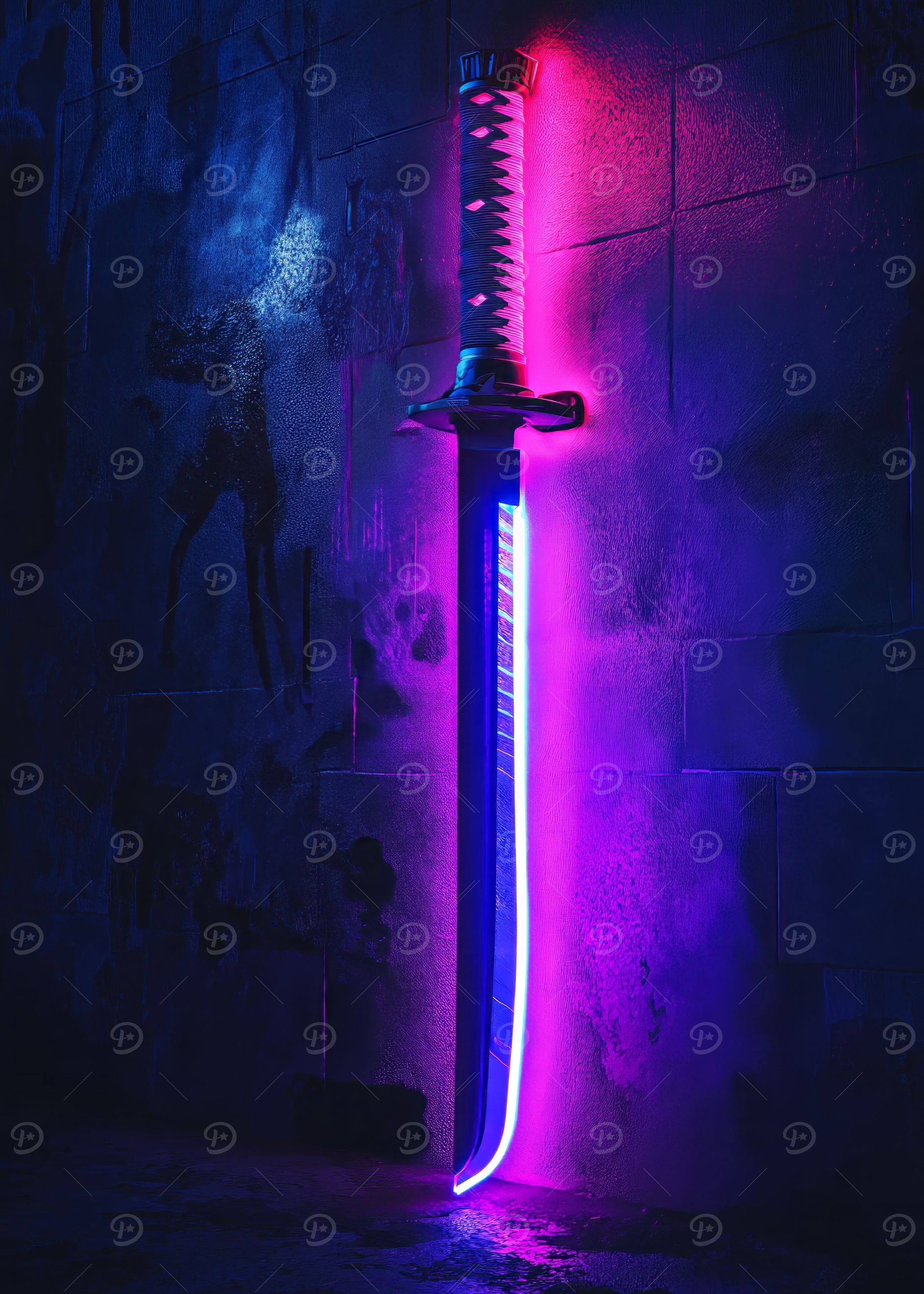 A glowing futuristic katana with neon blue and purple light