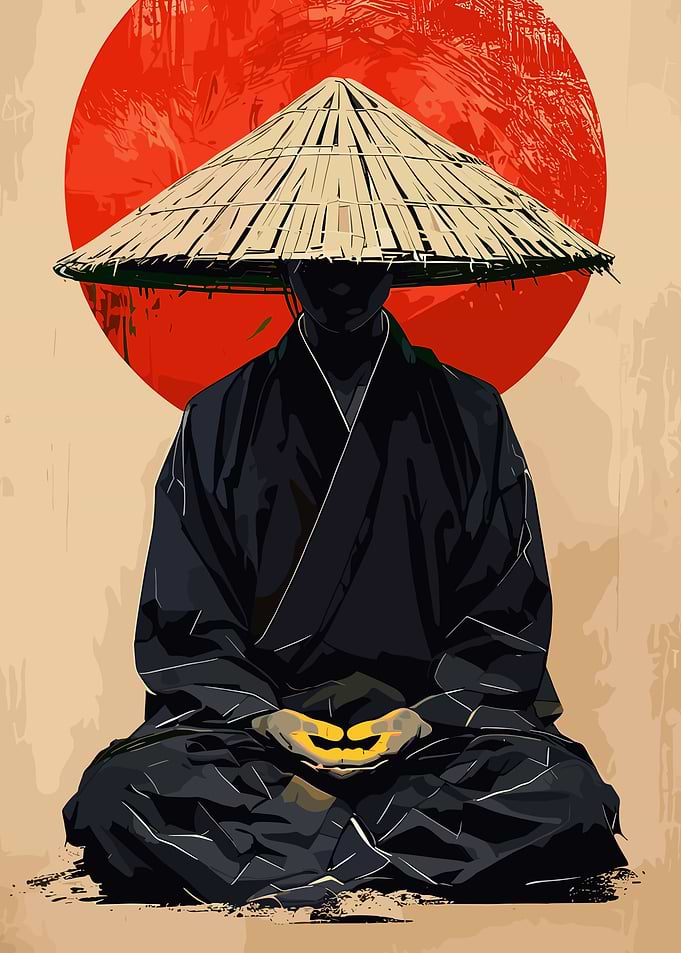 Meditating Monk with Straw Hat