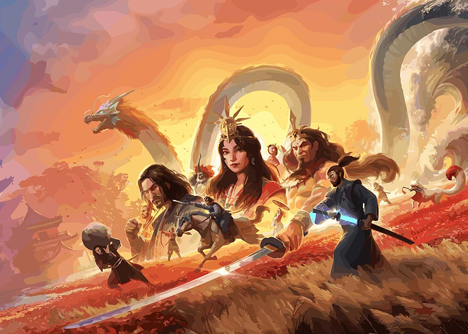 Japanese Fantasy Warriors and Dragon Art