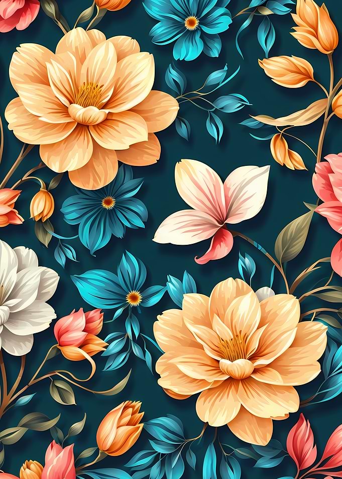 Floral Pattern colorful yellow and teal flowers pattern and green leaves