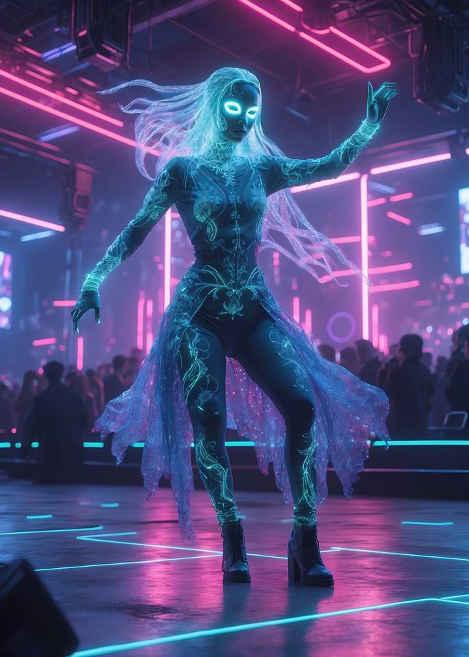 Neon Cyber Dancer — Futuristic Holographic Performer in a Neon Club