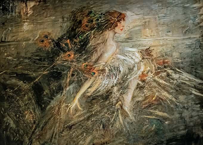 Woman with Peacock Feathers Painting