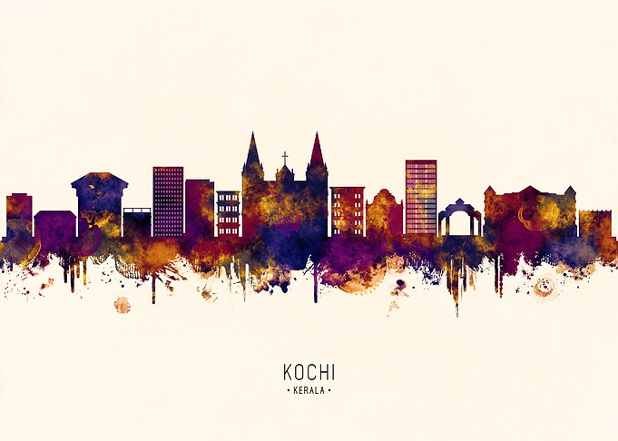Kochi Kerala Skyline Watercolor Silhouette