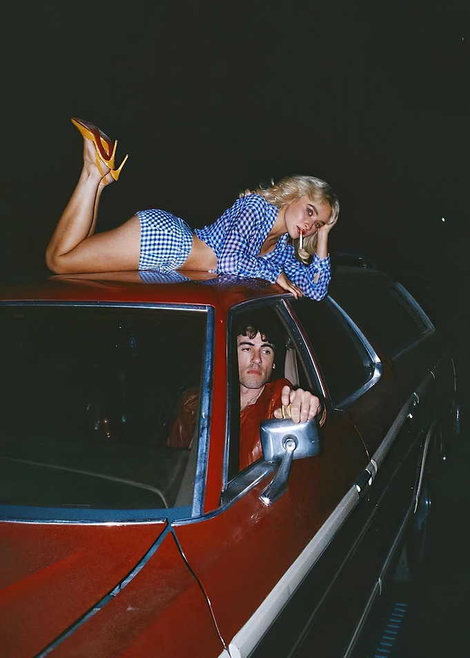 Retro Car Scene with Woman and Man