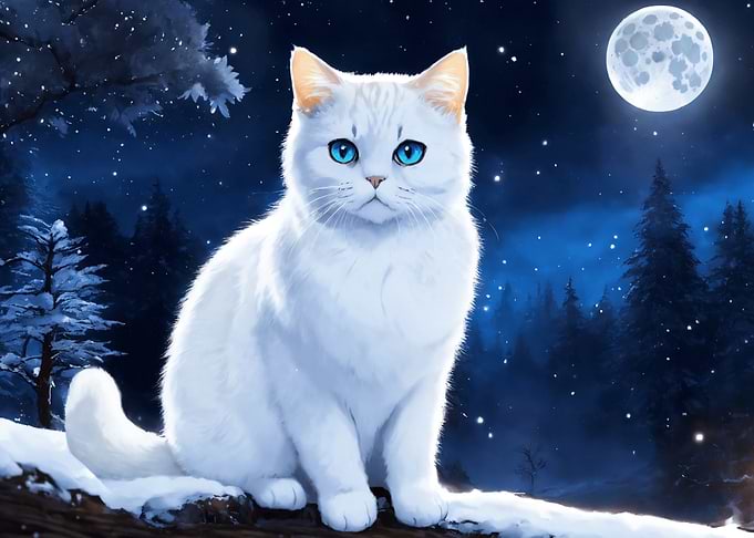 White Cat in Winter Night