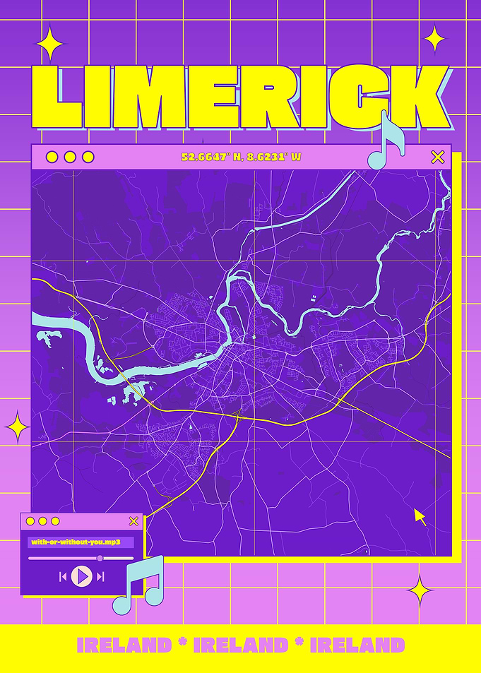 Limerick Ireland Map Retro Aesthetic