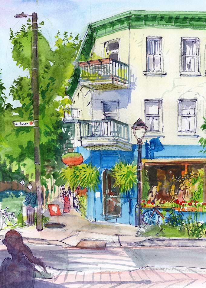 Montreal City Street Watercolor Painting - Rue de Bullion and Else's