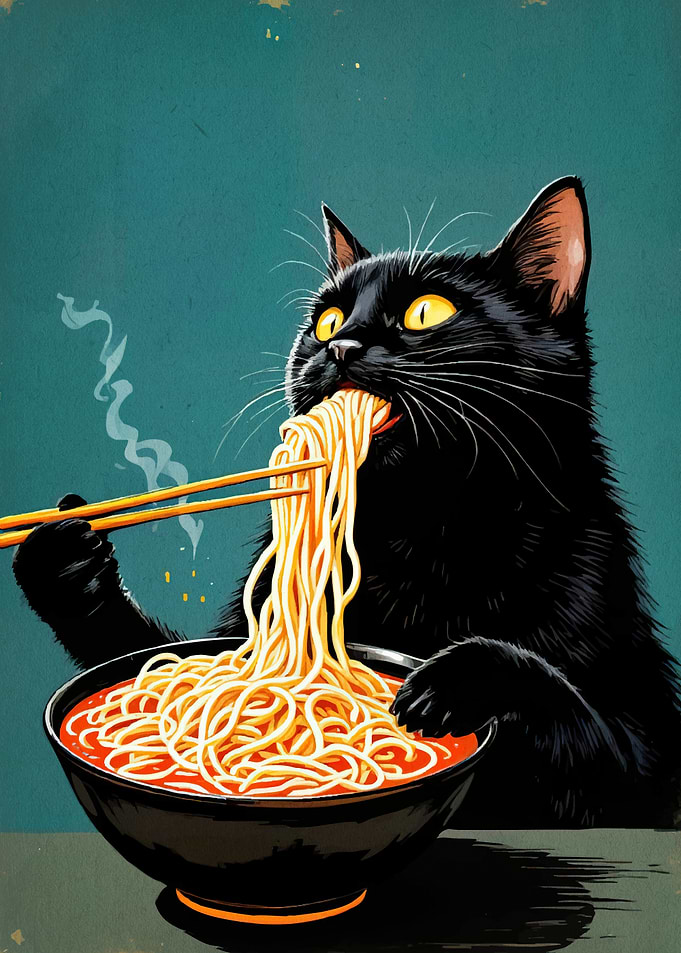 Cat Eating Ramen Noodles