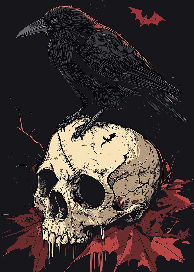 Raven Perched on Skull with Leaves