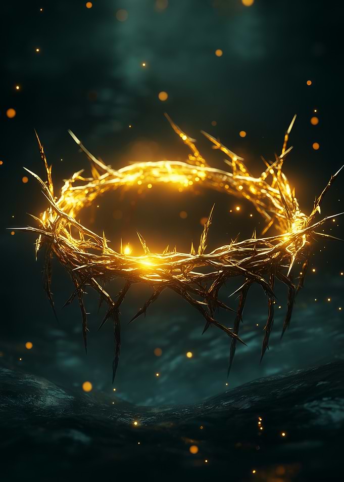 A glowing crown of thorns floating in the darkness