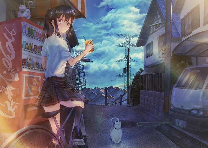Anime Girl with Drink and Bicycle